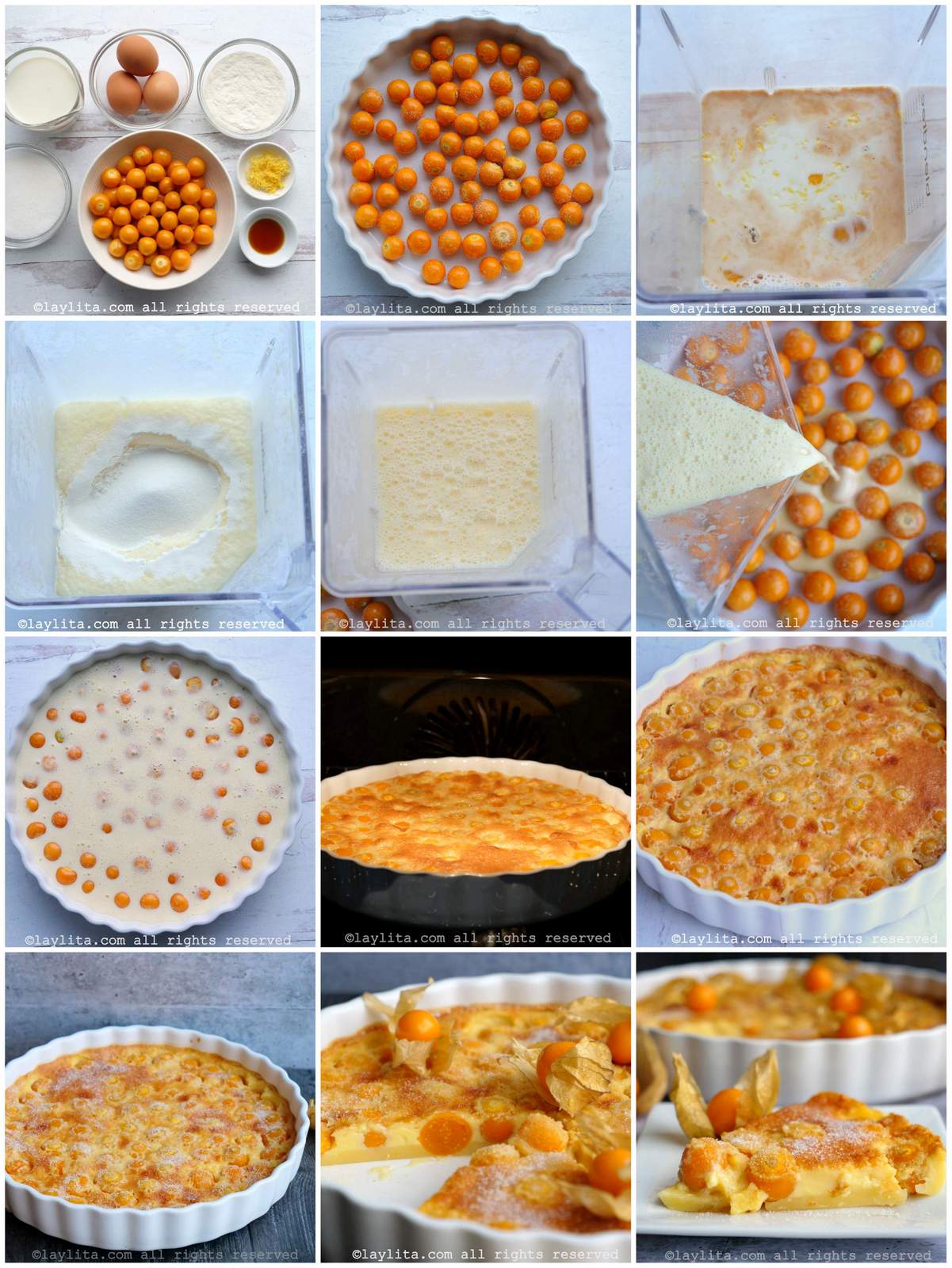 Photo collage of the step by step preparation for a clafoutis dessert made with uvilla (goldenberry or physalis)