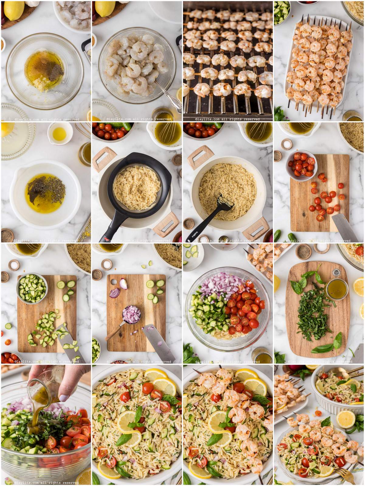 Photos collage of the step by step preparation process for Lemon Orzo Pasta Salad with Grilled Shrimp