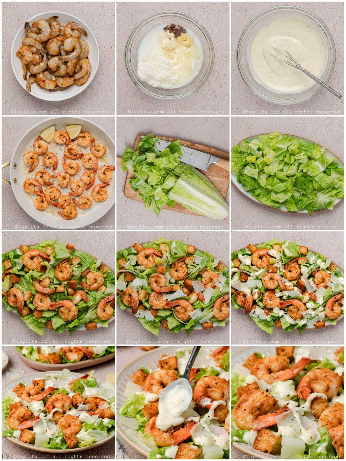 Photo collage of the step by step preparation process for a Shrimp Caesar Salad recipe