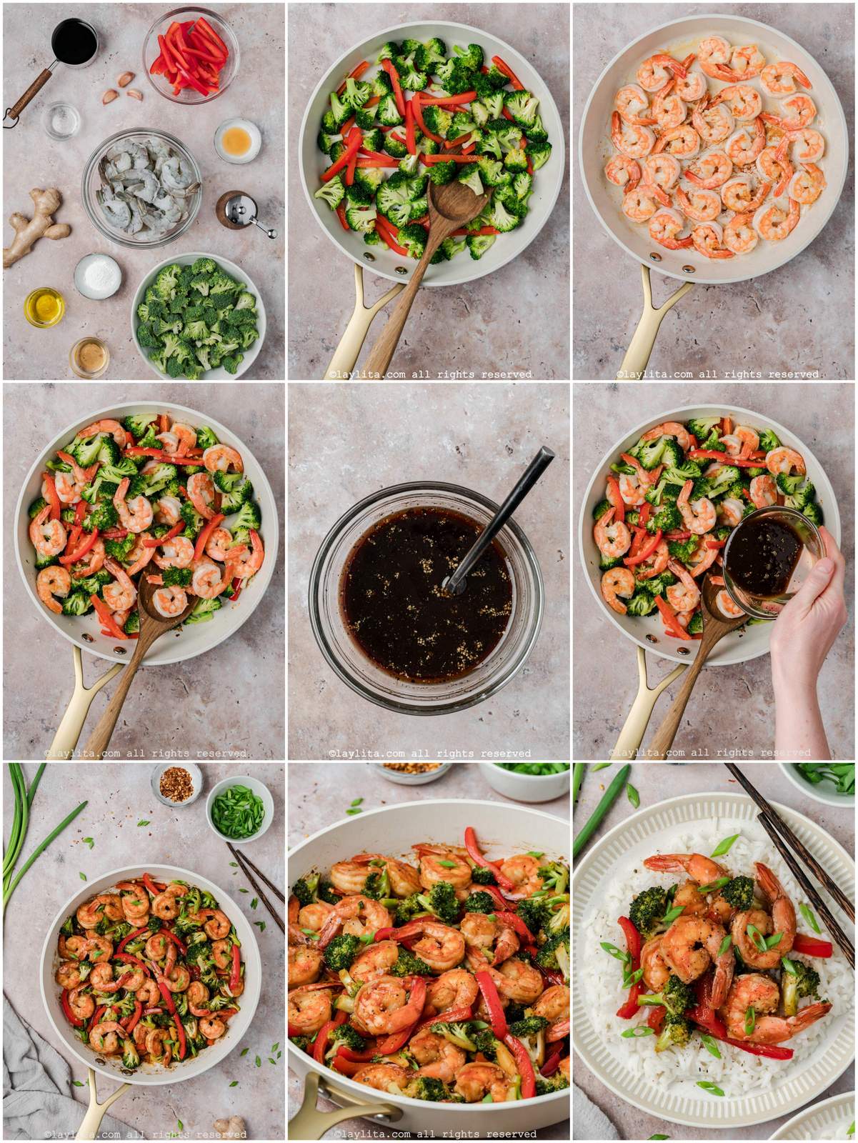 Collage of the step by step preparation process photos for Shrimp and Broccoli Stir Fry