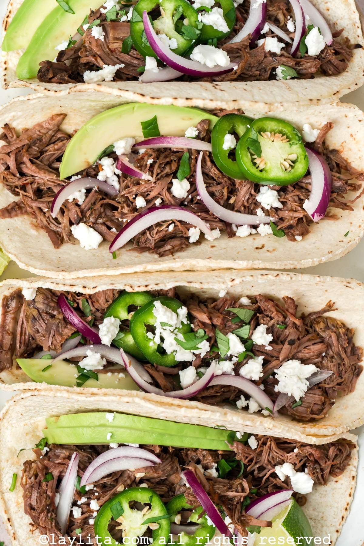 Closeup shot of of four barbacoa tacos garnished with red onions, avocado slices and jalapenos