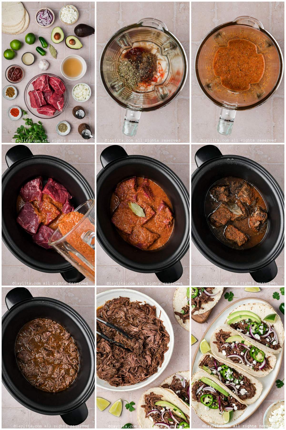 Photo collage of the step by step preparation process for Mexican Beef Barbacoa Tacos in the Slow Cooker