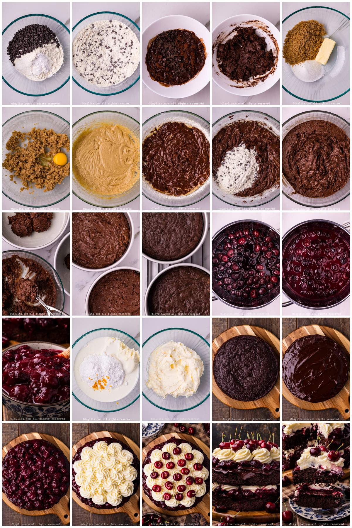 Collage of the step by step preparation process photos for Black Forest Chocolate Cherry Cake