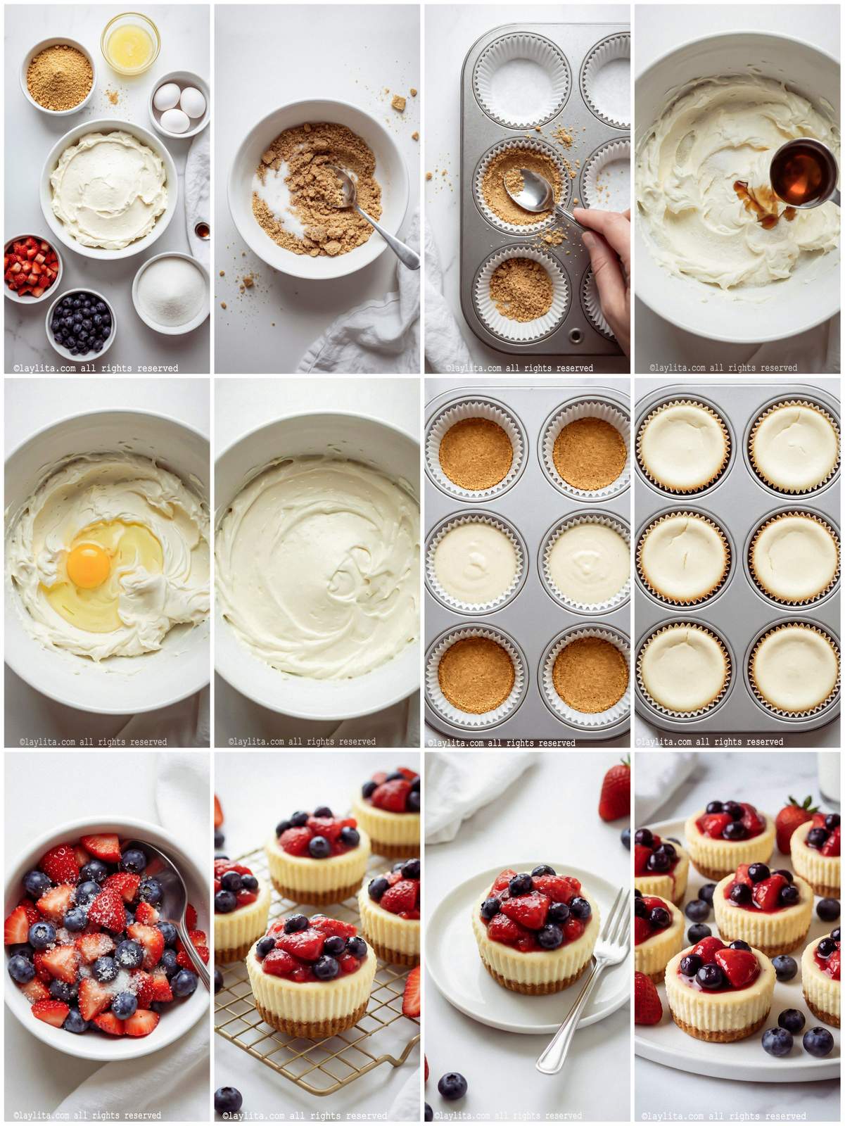Collage of the step by step preparation process photos for Red white and blue mini cheeecakes