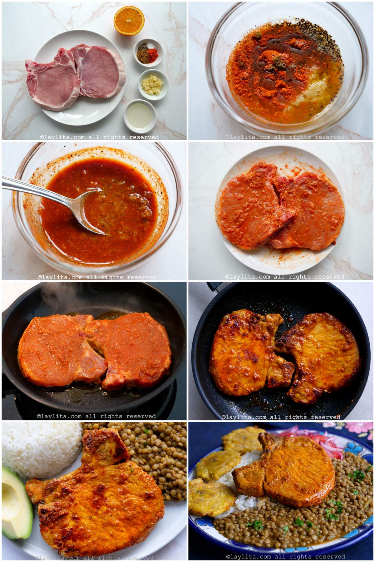 Collage of the step by step preparation process photos for achiote garlic marinated pork chops or chuletas de cerdo aliñadas