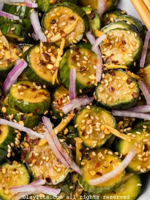 Close up of an Asian cucumber salad