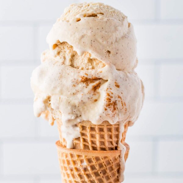 Side view of a scoop of cinnamon ice cream on a cone.