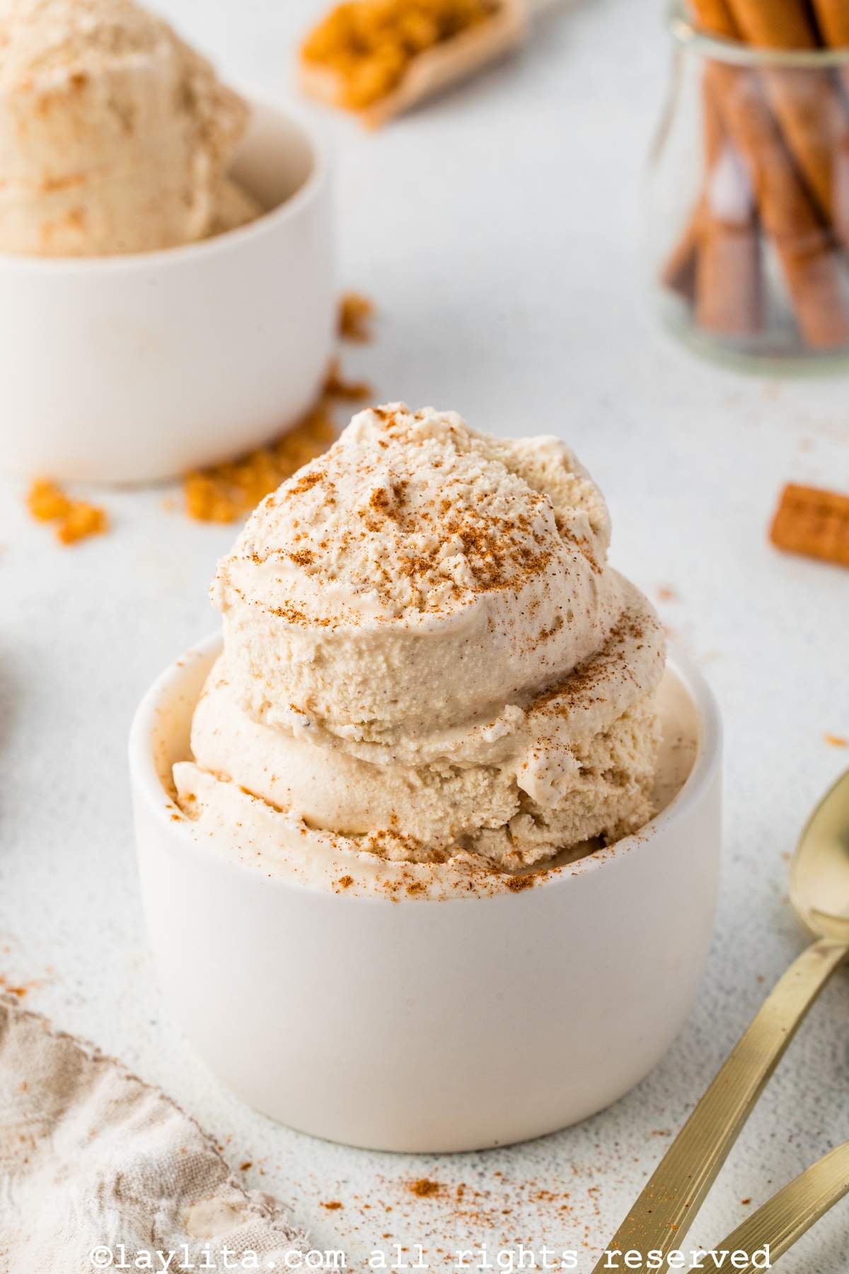 Cinnamon ice cream scoops in a white bowl, garnished with extra cinnamon on top
