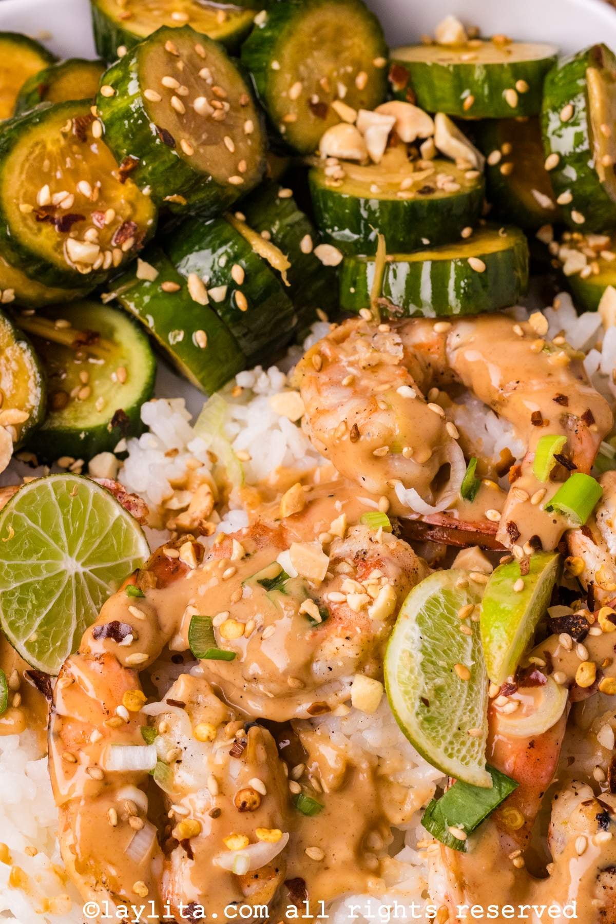 Closeup of grilled shrimp with peanut sauce on top of rice with slices of lime on top and a cucumber salad on the side