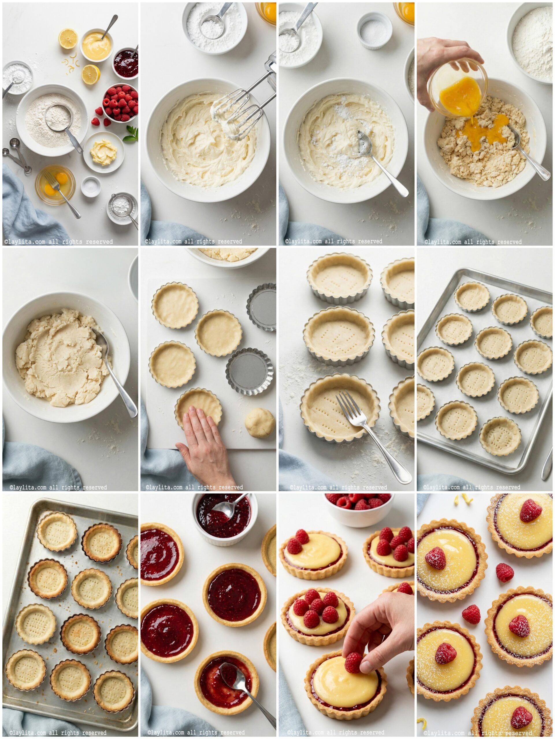 Photo collage of the step by step preparation process for Lemon Raspberry tartlets or mini tarts
