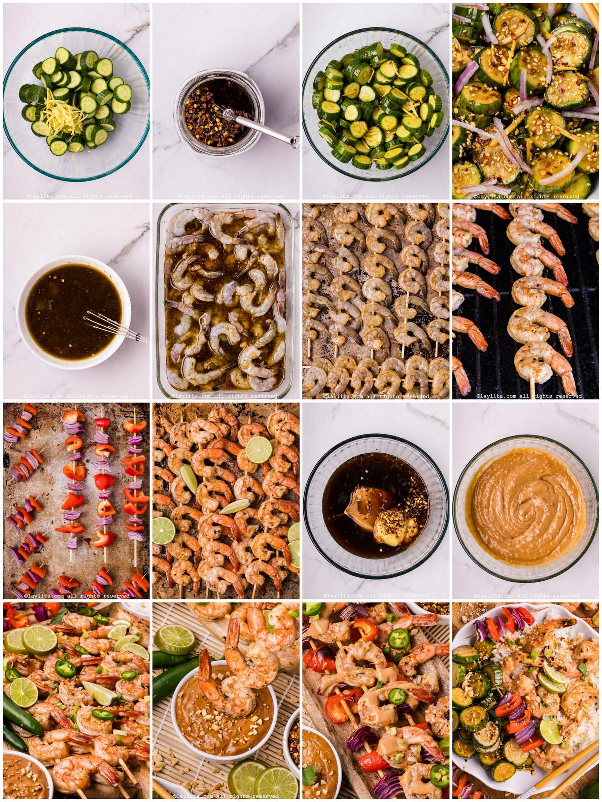 Photo collage of the step by step preparation process for Asian Grilled Shrimp with Ginger Lime Peanut Sauce and Cucumber salad