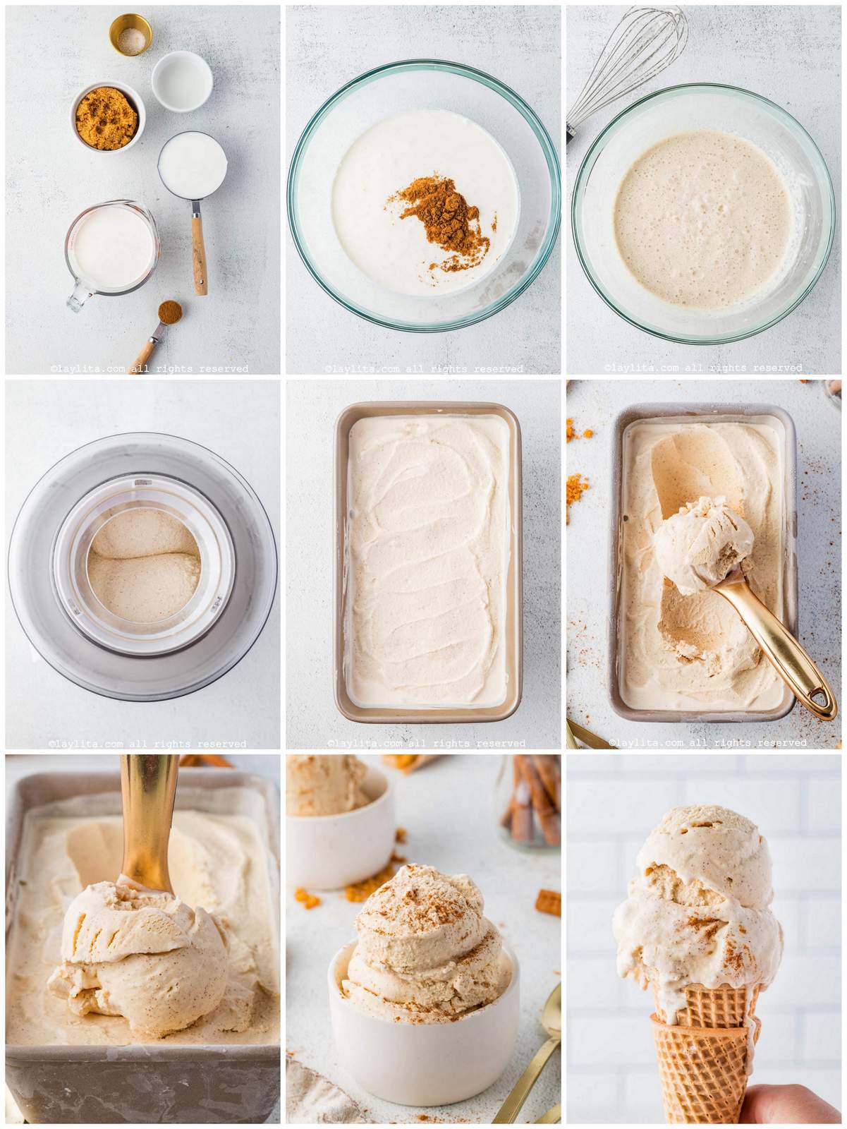 Photo collage of the step by step preparation process for cinnamon ice cream or helado de canela