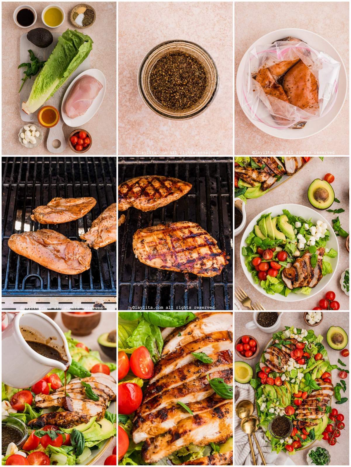 Collage of the step by step preparation process photos for Grilled Chicken Caprese Salad