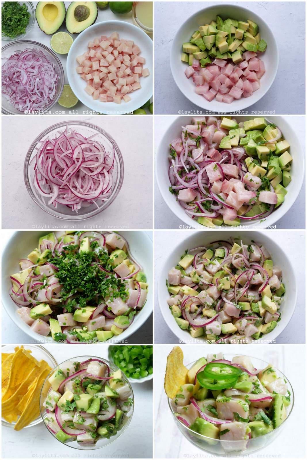 Collage of the step by step preparation process photos for Hamachi Ceviche with Avocado recipe
