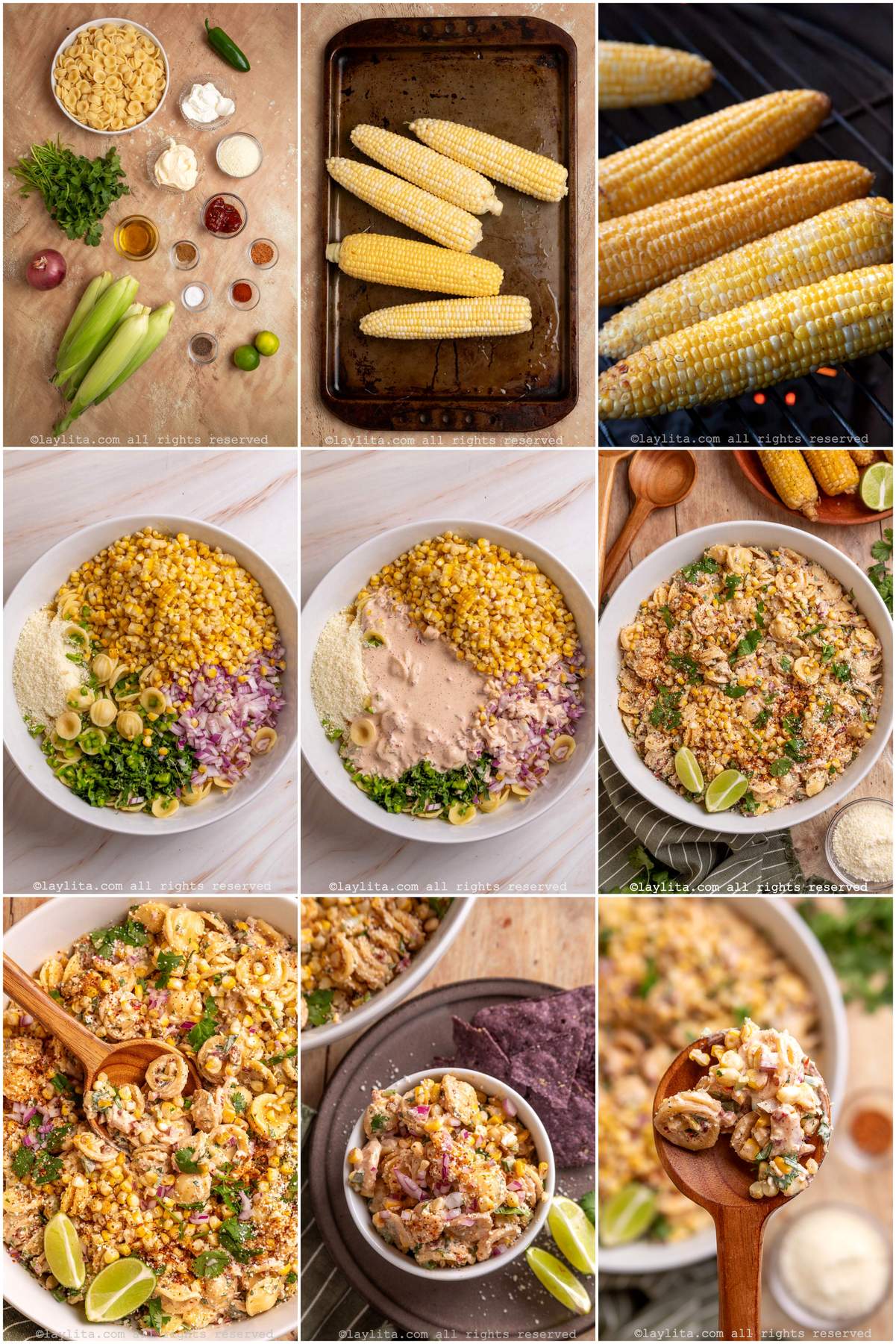 Collage of the step by step preparation process photos for Mexican Street Corn Pasta Salad recipe