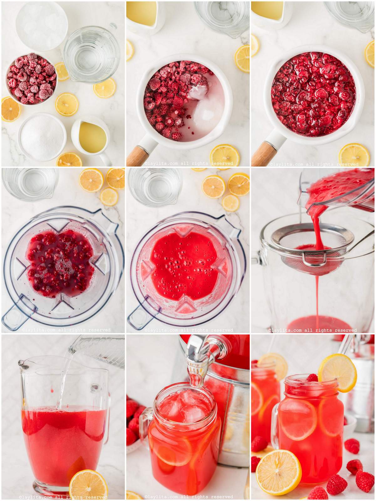 Collage of the step by step preparation process photos for homemade Raspberry Lemonade