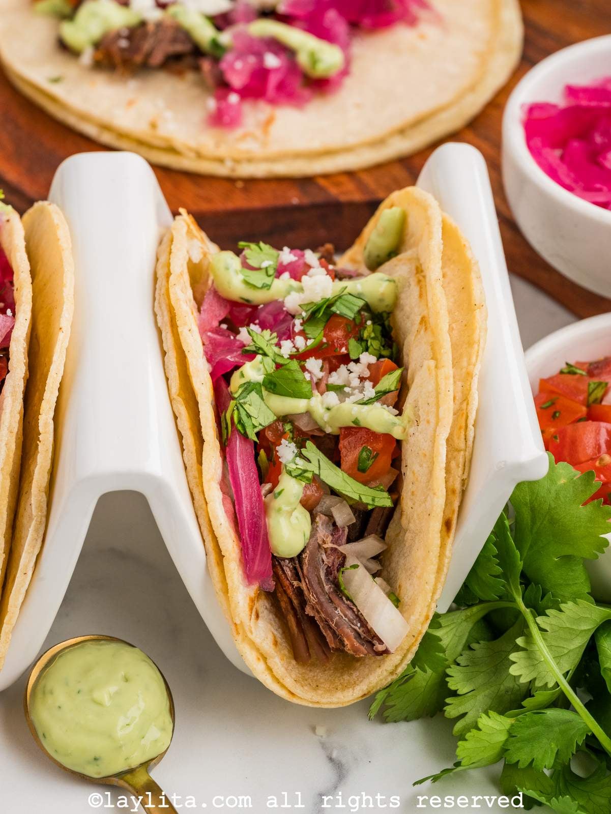 A brisket taco in a taco holder with green sauce, pico de gallo, pickled onions and cheese crumbles on top
