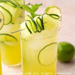 Cropped view of three glasses filled the cucumber lime mint agua fresca and garnished with cucumber ribbons