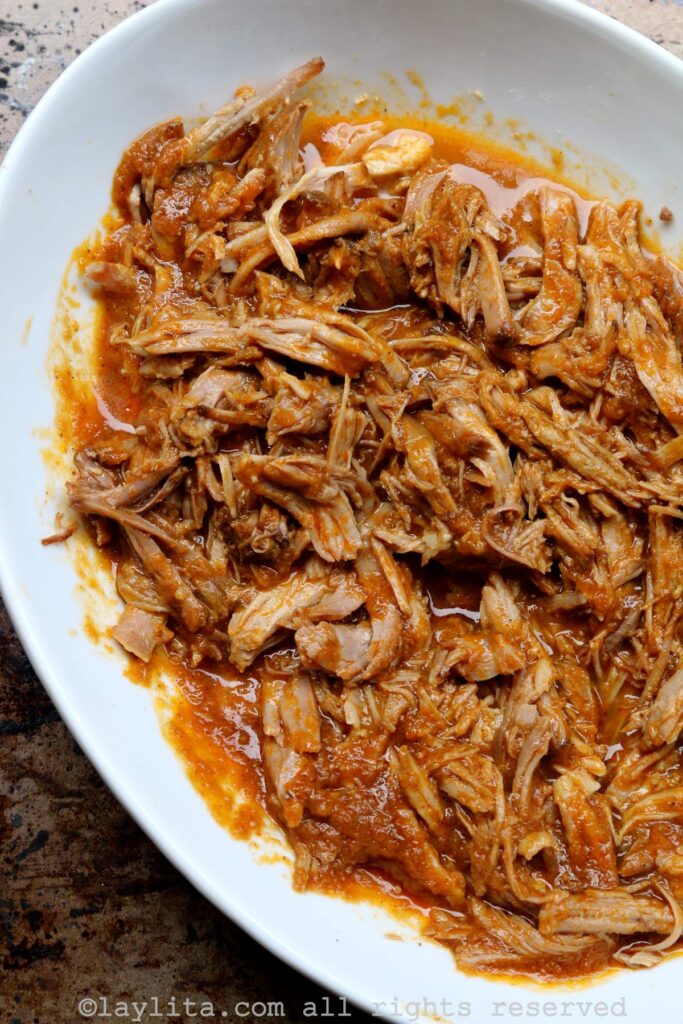 Overhead view of juicy chicha pulled pork with chicha sauce in a white bowl