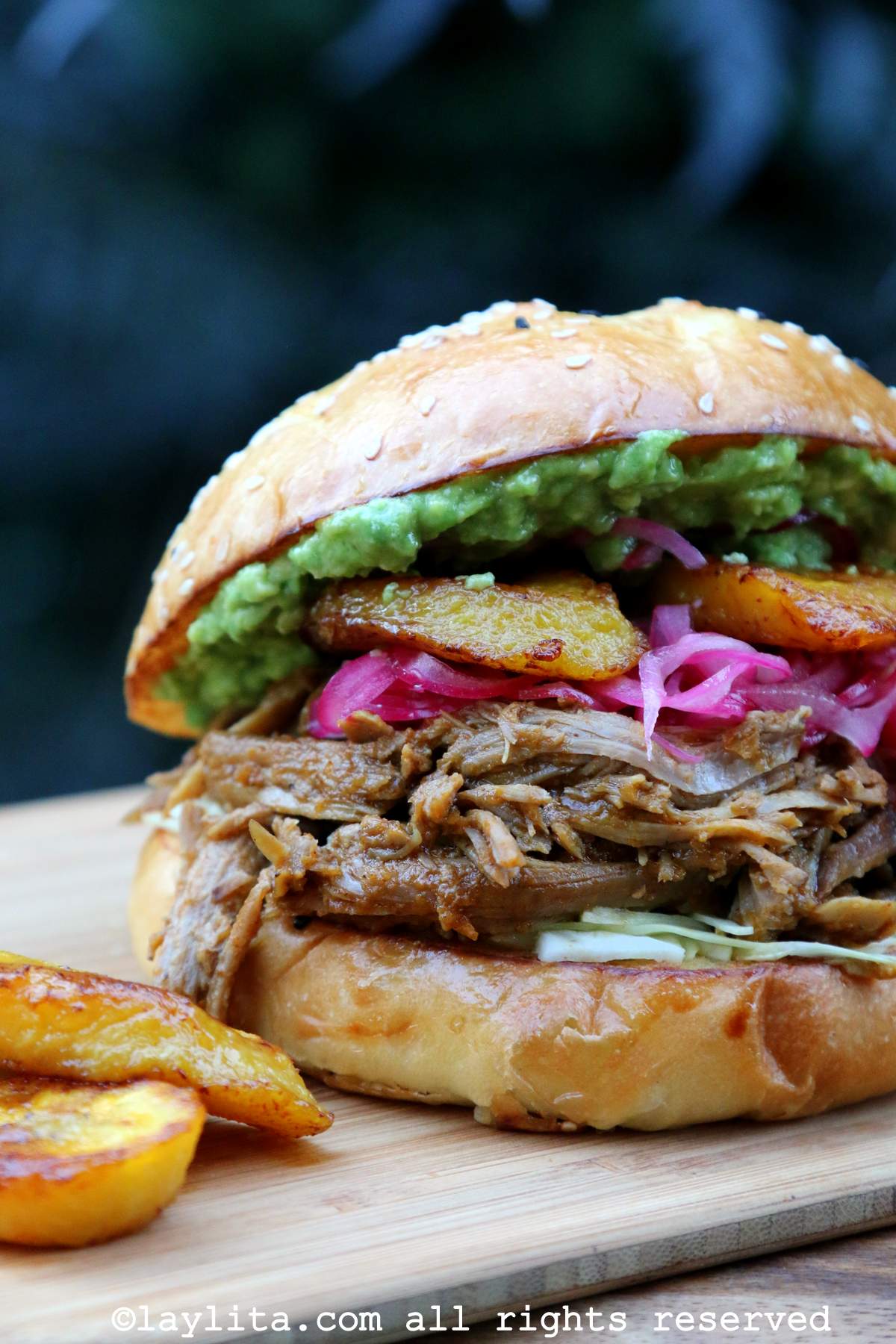 Side view of chicha pulled pork sandwich with toppings and fried plantains