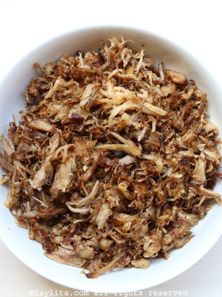 Crispy chicha pulled pork in a white bowl