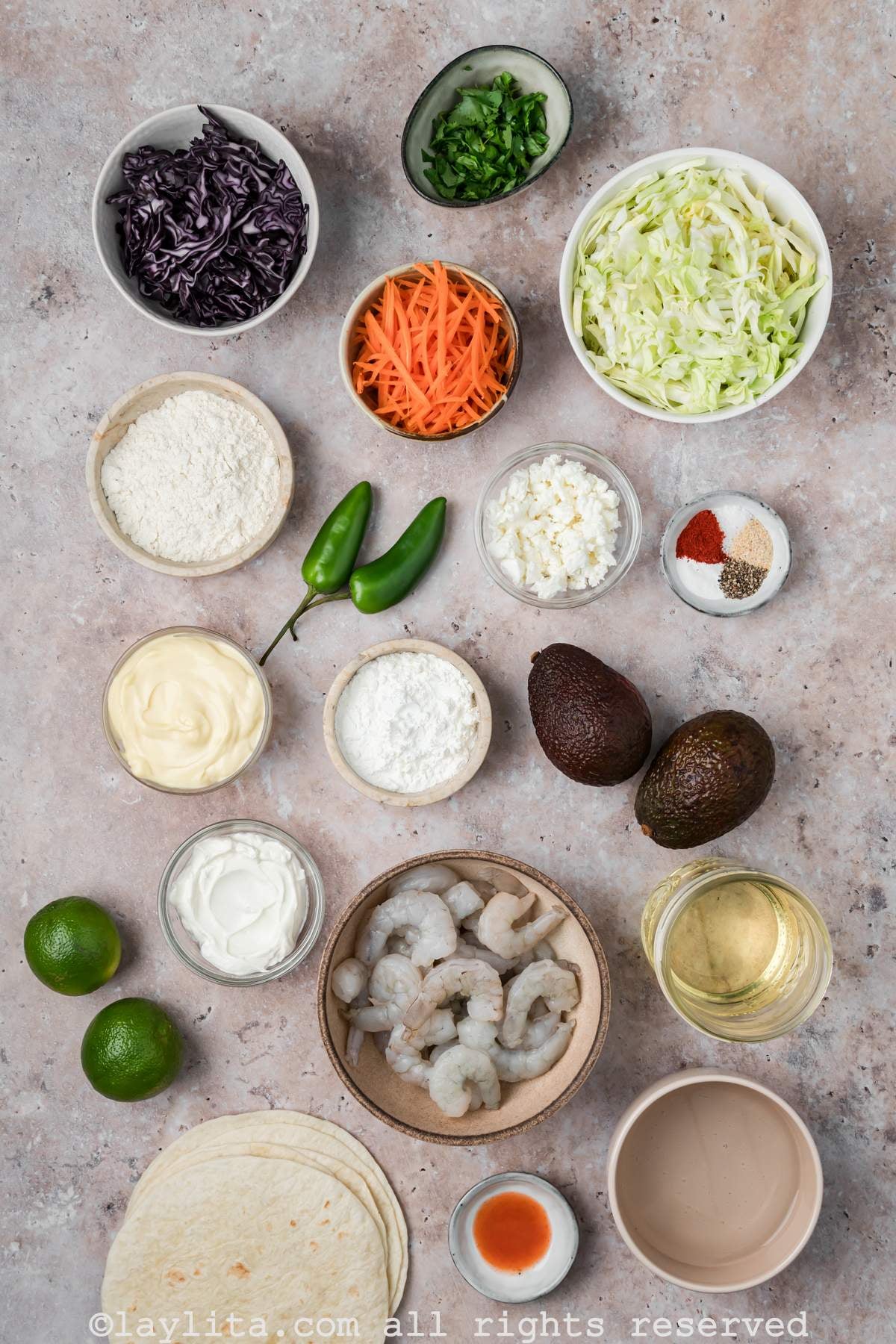 Ingredients for Baja Shrimp Tacos on a kitchen counter