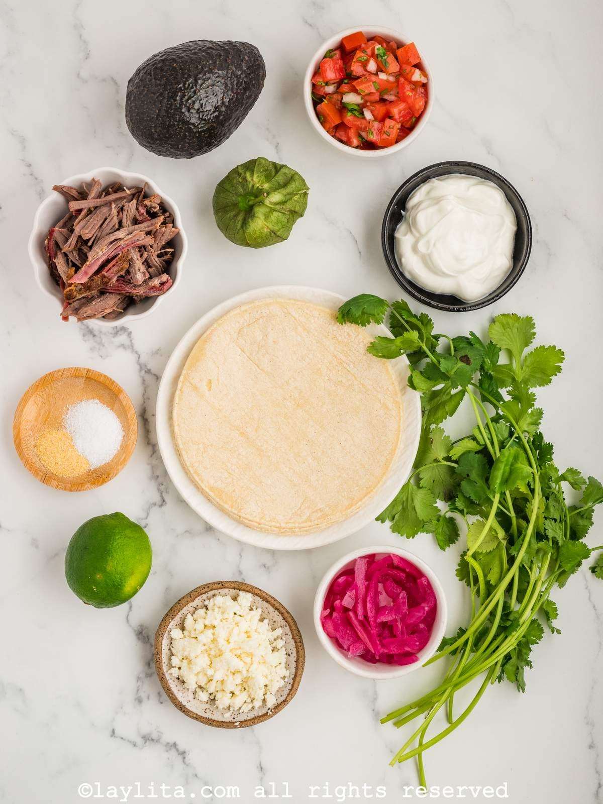 Ingredients needed to make beef brisket tacos and avocado salsa on a kitchen counter