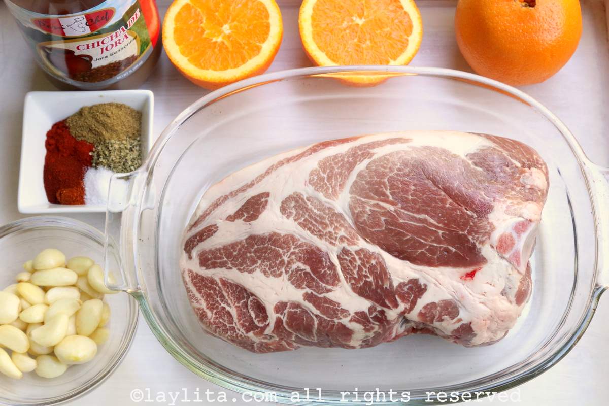 Ingredients for chicha pulled pork on a white tray
