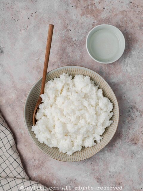 Overhead view of a bowl of sushi rice with a spoon in it
