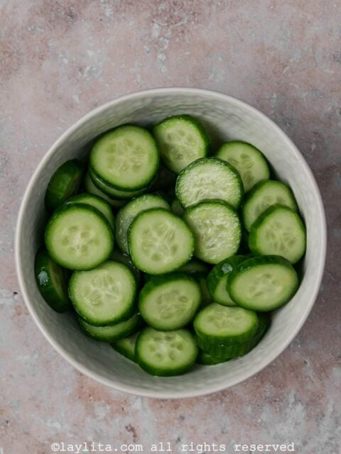 Pickled cucumber slices in a bowl