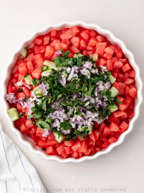 Overhead view of a bowl with diced watermelon, diced red onions, diced cucumber and chopped mint leaves