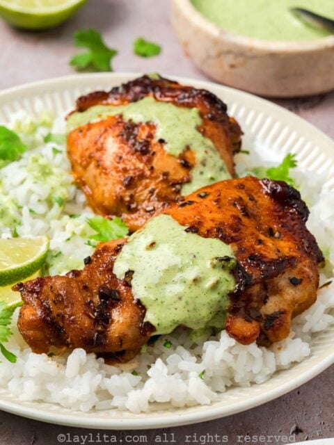 Serve the Peruvian Chicken Thighs with the Aji Verde Green Sauce