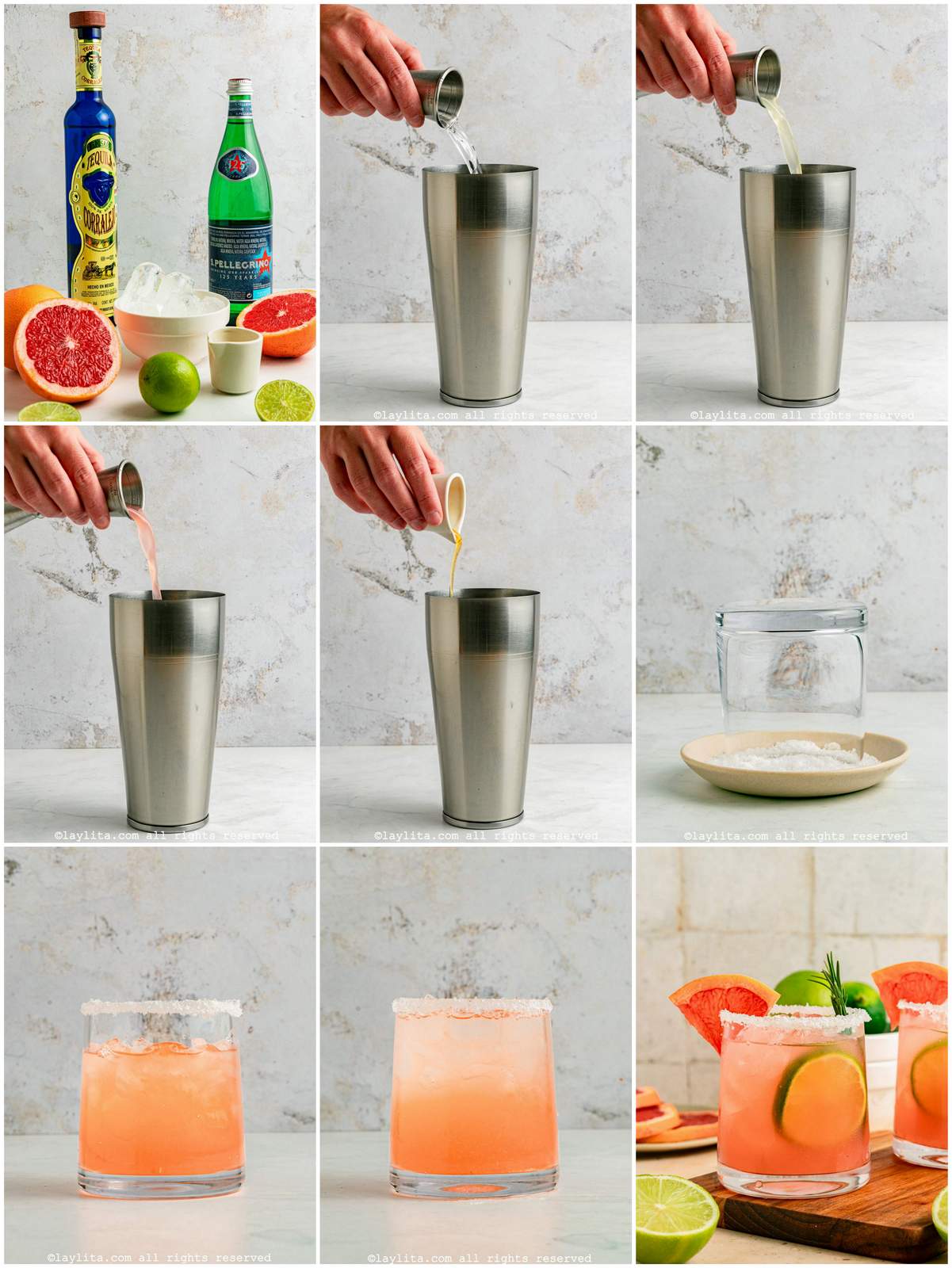 Photo collage of the step by step preparation for a Grapefruit Paloma Cocktail