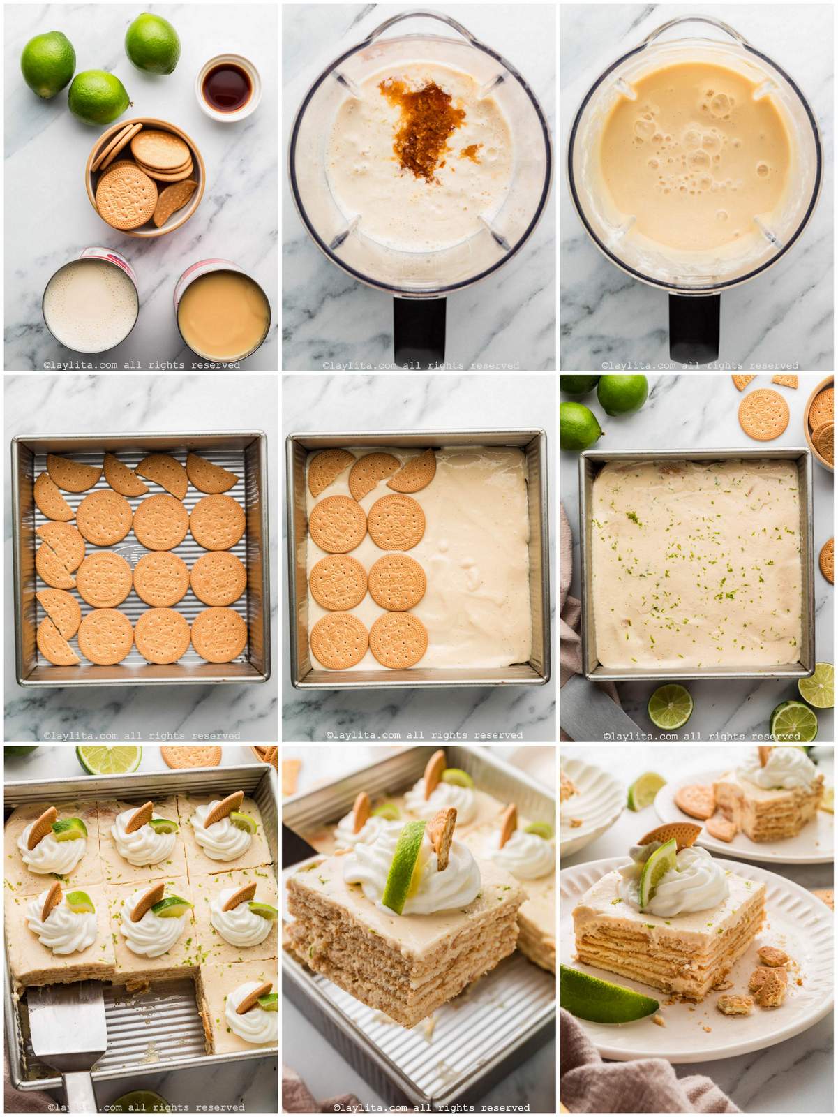 Photo collage of the step by step preparation process for Mexican Carlota de Limon Icebox Cake