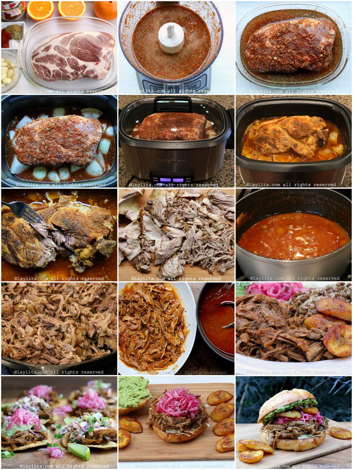 Photo collage of the step by step preparation process for chicha de jora pulled pork