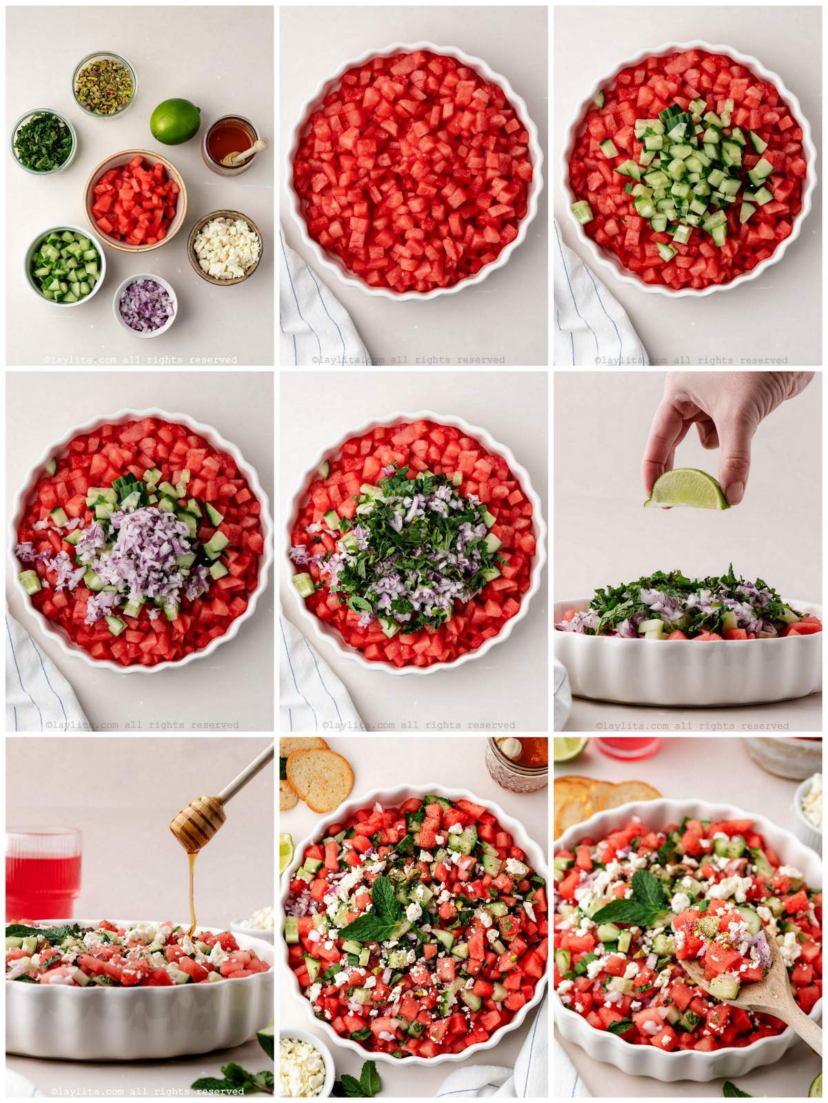 Photo collage of the step by step preparation process for watermelon cucumber feta salad