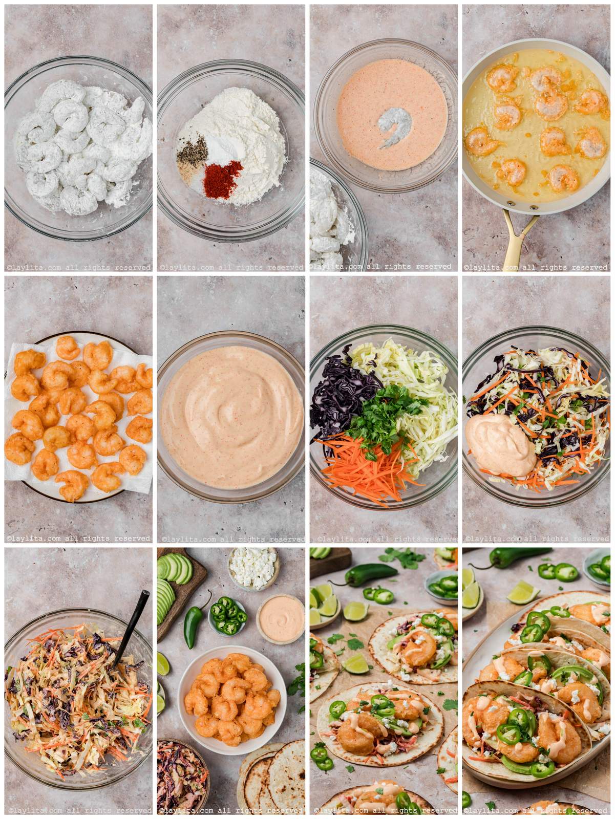 Collage of the step by step preparation process photos for Baja Shrimp Tacos