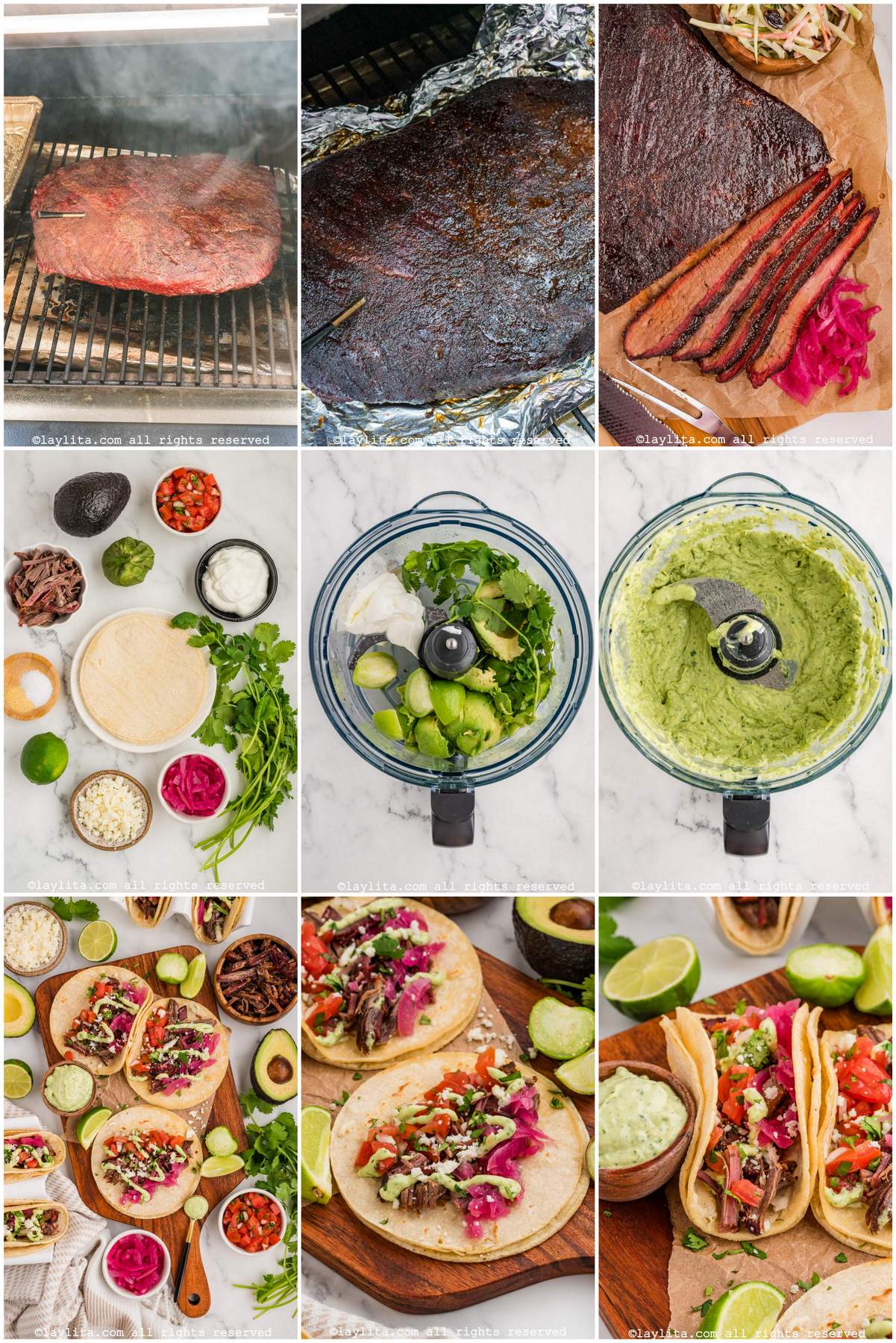 Collage of the step by step preparation process photos for Beef Brisket Tacos with tomatillo avocado salsa