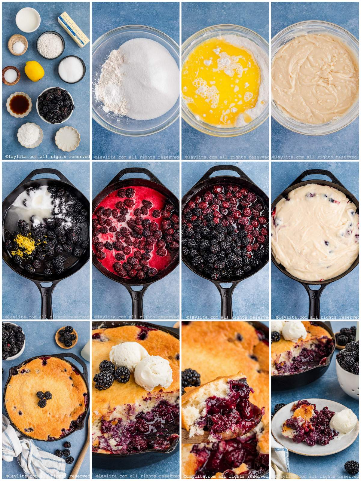 Photo collage of the step by step preparation process for Blackberry Cobbler recipe