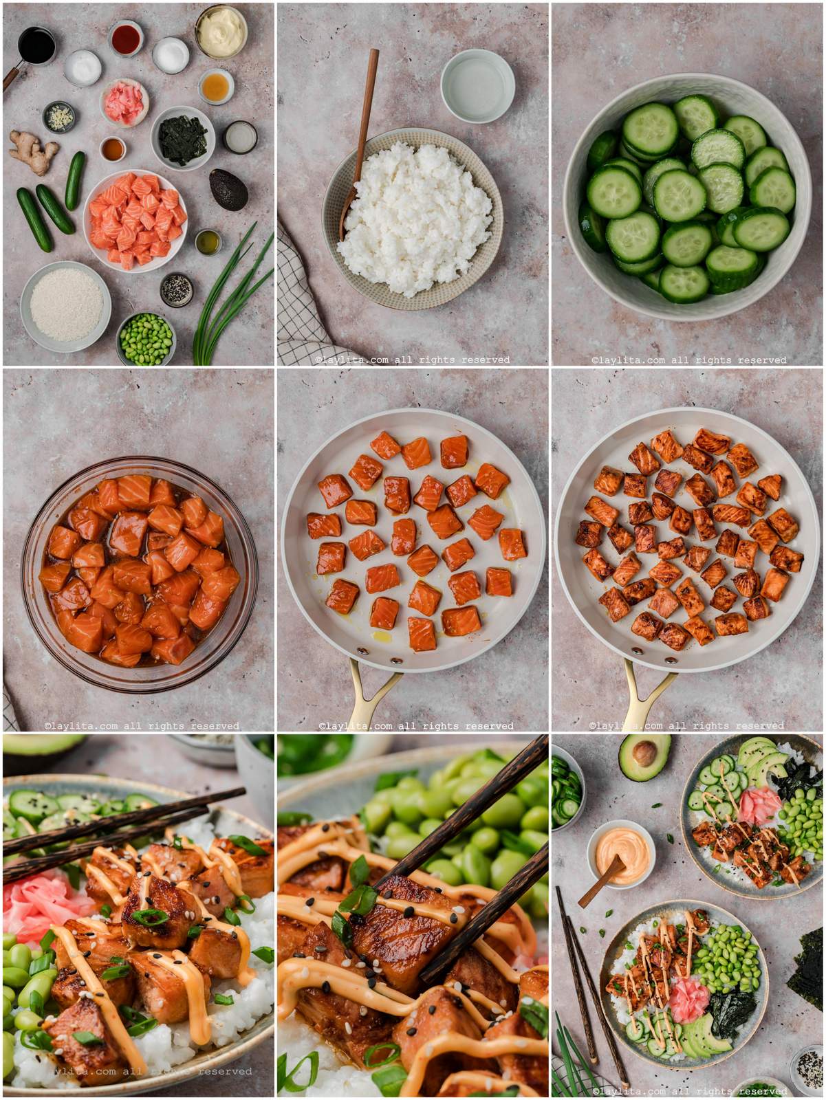 Collage of the step by step preparation process photos for Crispy Salmon Bites Sushi Bowls