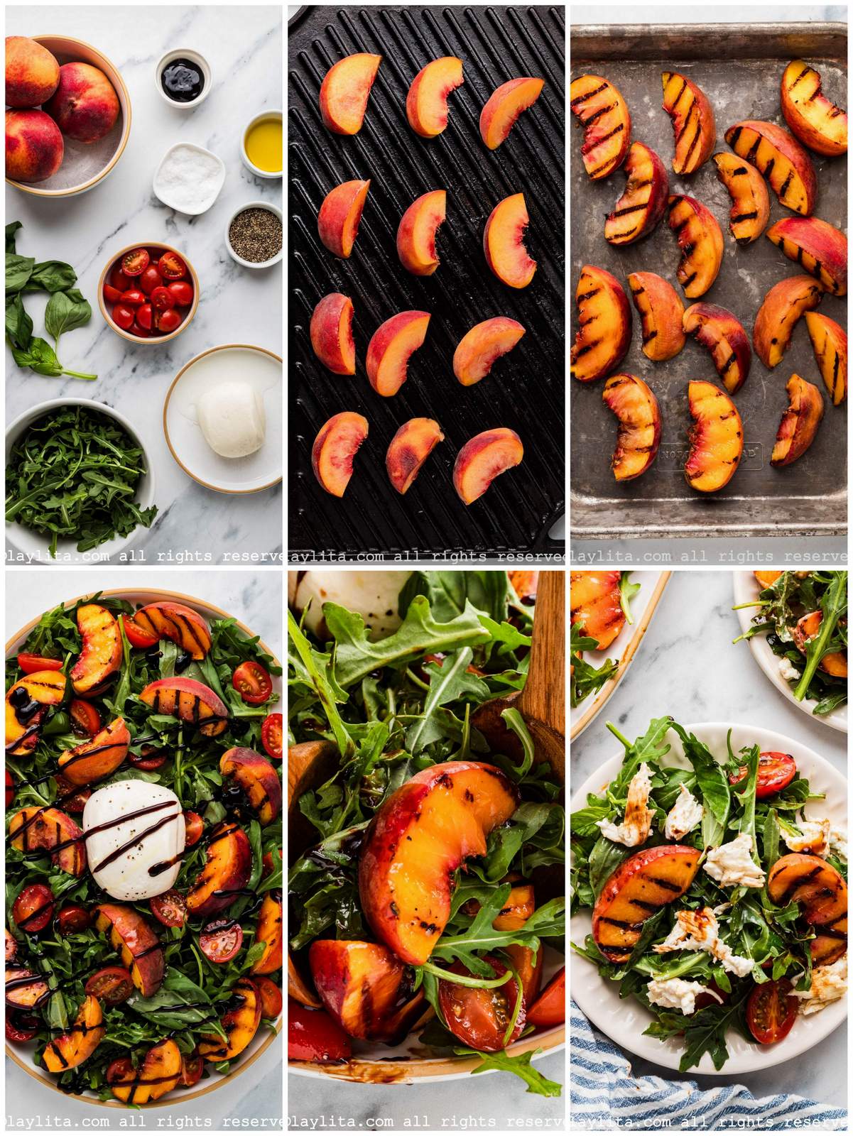 Collage of the step by step preparation process photos for Grilled peach and Burrata salad