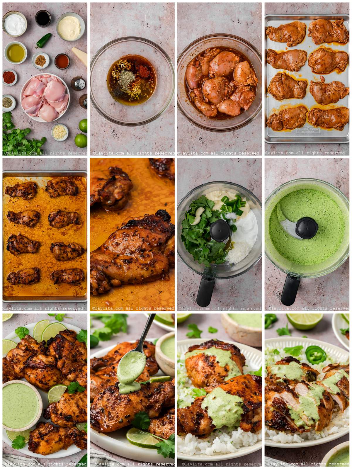 Collage of the step by step preparation process photos for Peruvian Chicken Thighs with Green Sauce