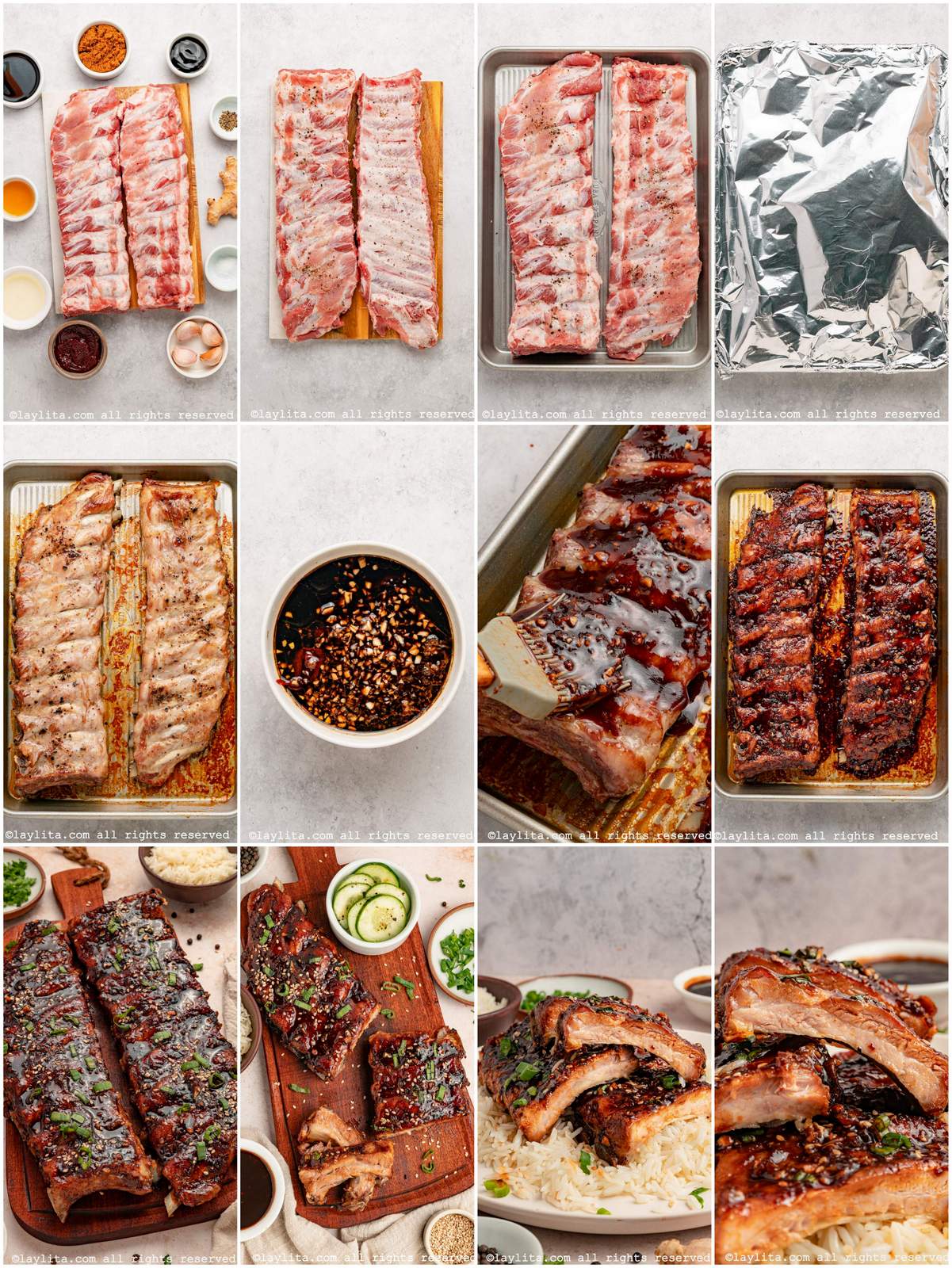 Collage of the step by step preparation process photos for baked Asian Sticky Ribs
