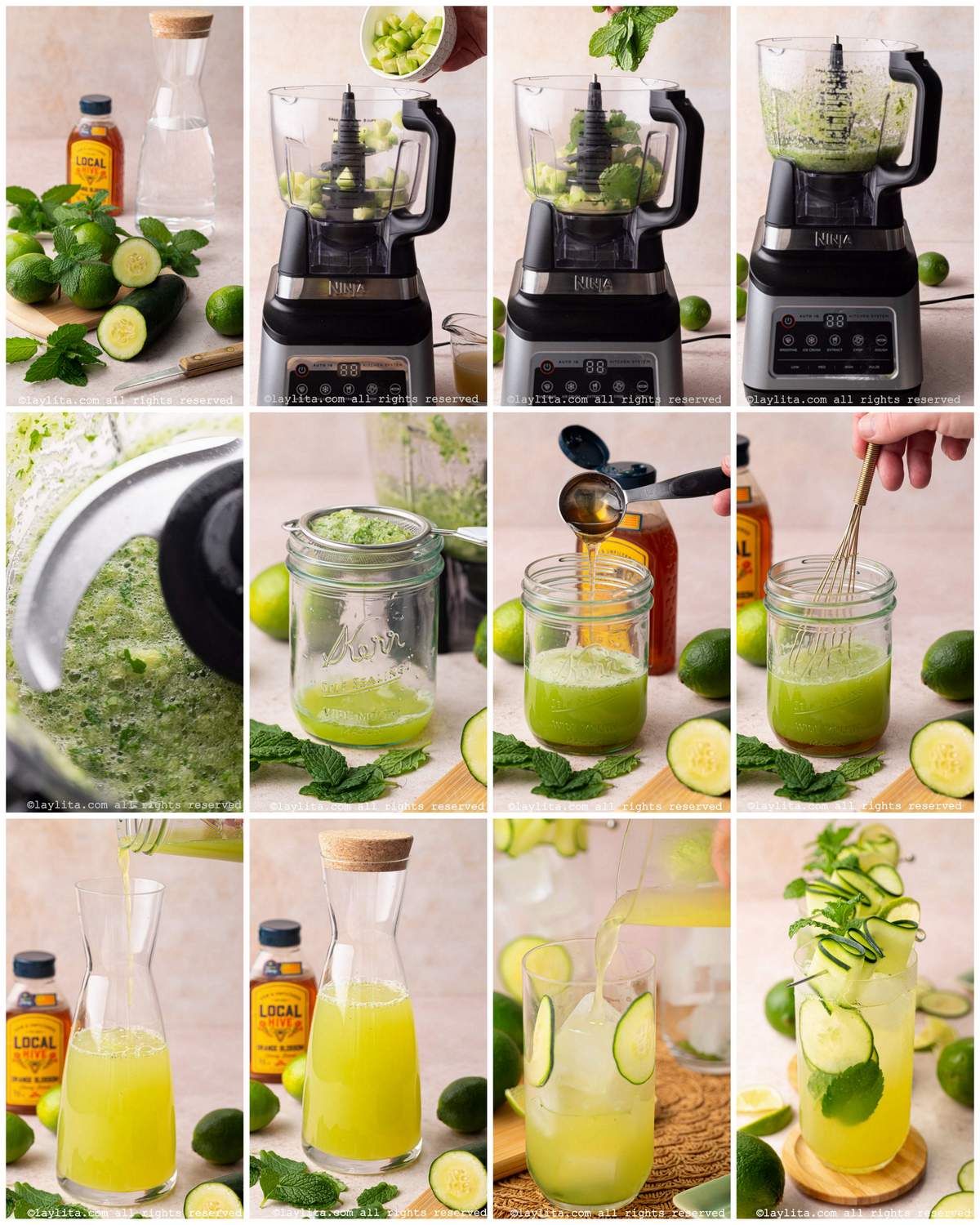 Collage of the step by step preparation process photos for cucumber lime mint agua fresca drink