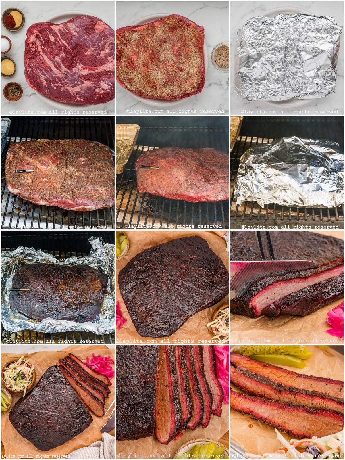 Collage of the step by step preparation process photos for making Smoked Beef Brisket