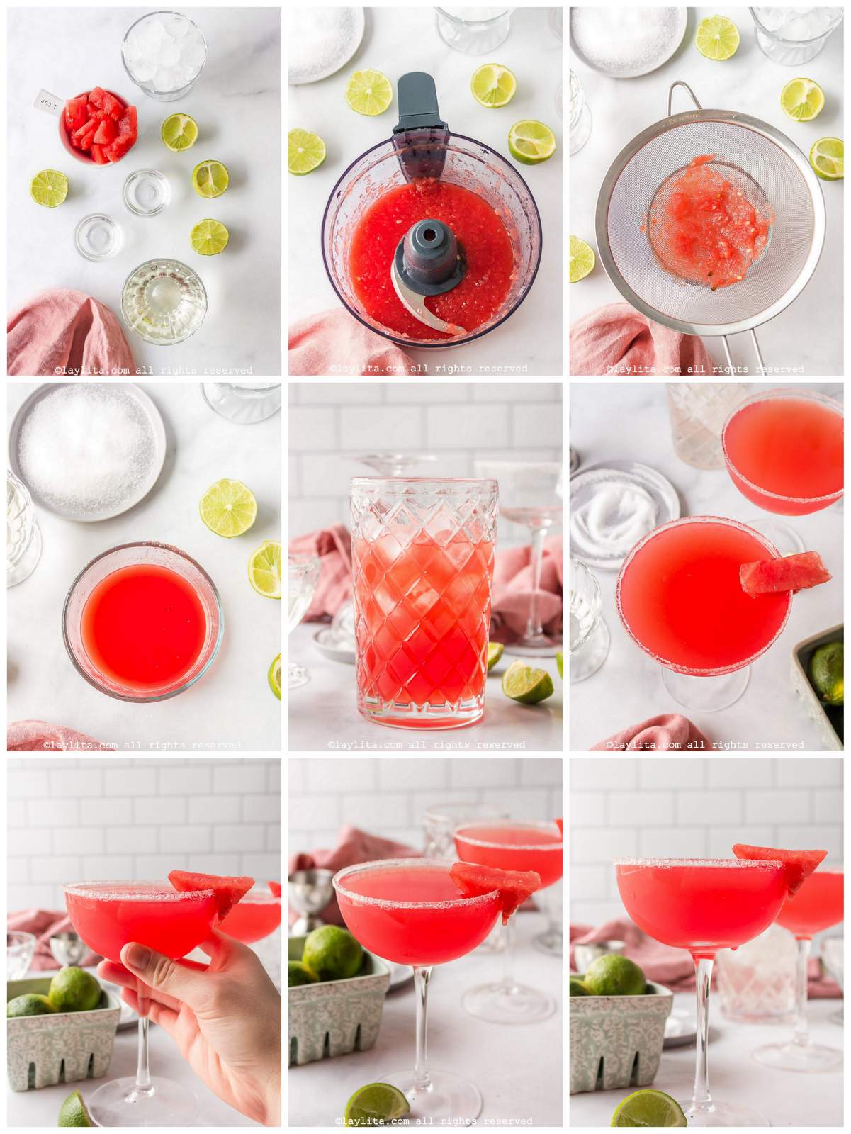 Collage of the step by step preparation process photos for watermelon margaritas