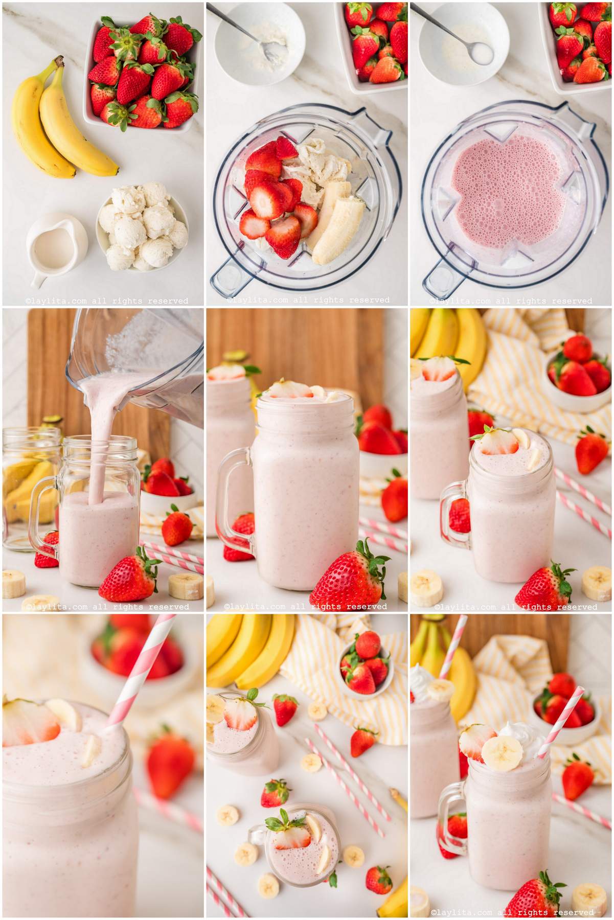 Photo collage of the step by step preparation for Strawberry Banana Milkshake recipe
