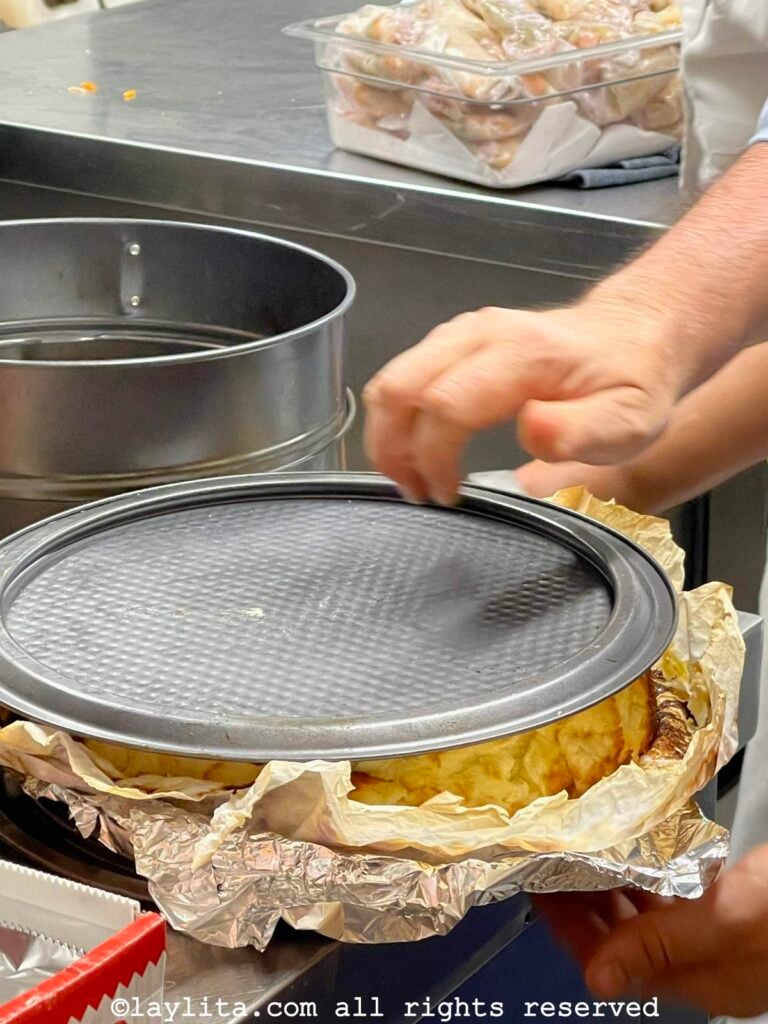 Burnt basque cheesecake being flipped over