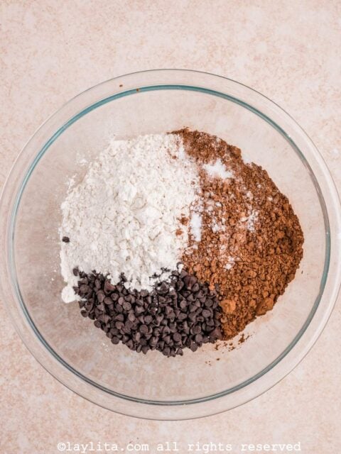 In a mixing bowl, whisk the flour, cocoa powder, baking soda, baking powder, salt, and chocolate chips together until well combined.