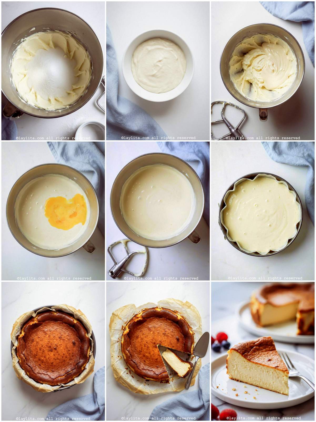 Photo collage of the step by step preparation process for Basque Cheesecake recipe